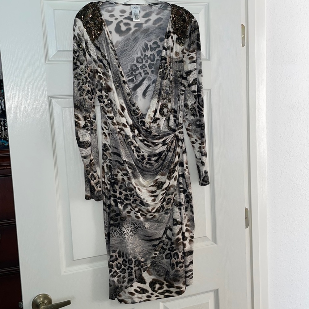 Gorgeous Cache Dress / animal print an Gold shimmer Beads/Sequins at shoulder
